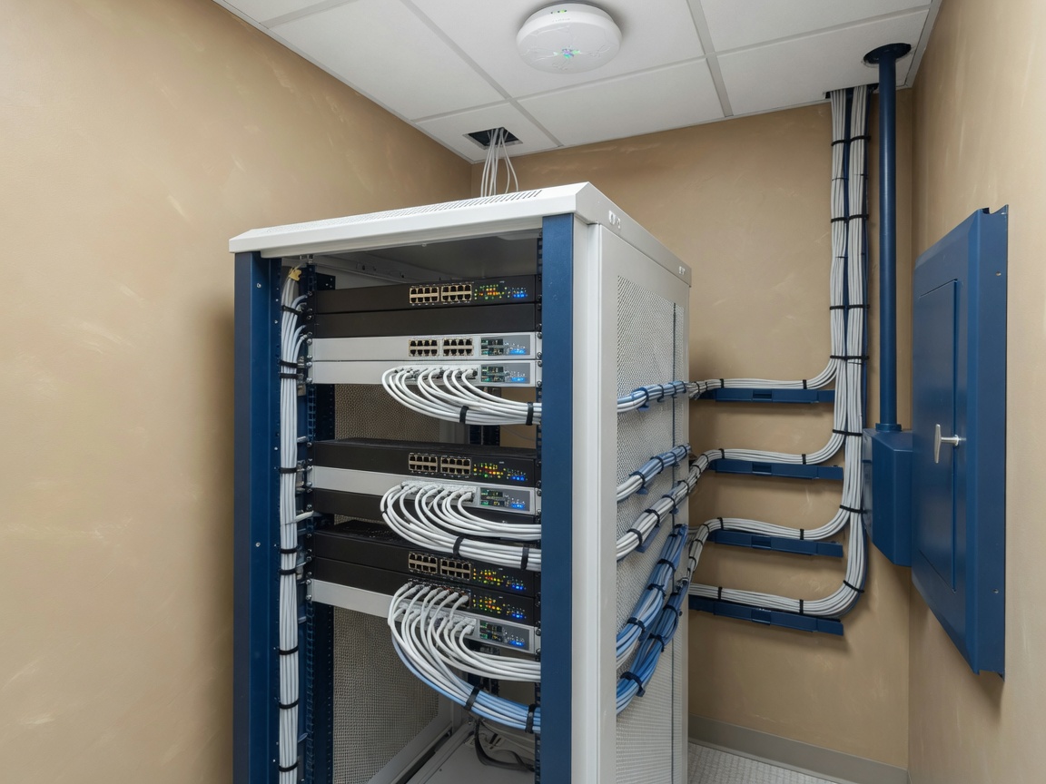 Netwerkkast met gestructureerde bekabeling en wifi-access point