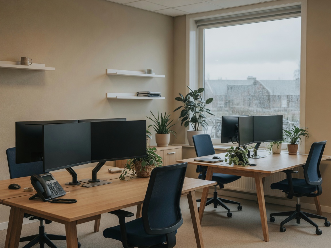 Moderne werkplekken met dual monitors en desktelefoon